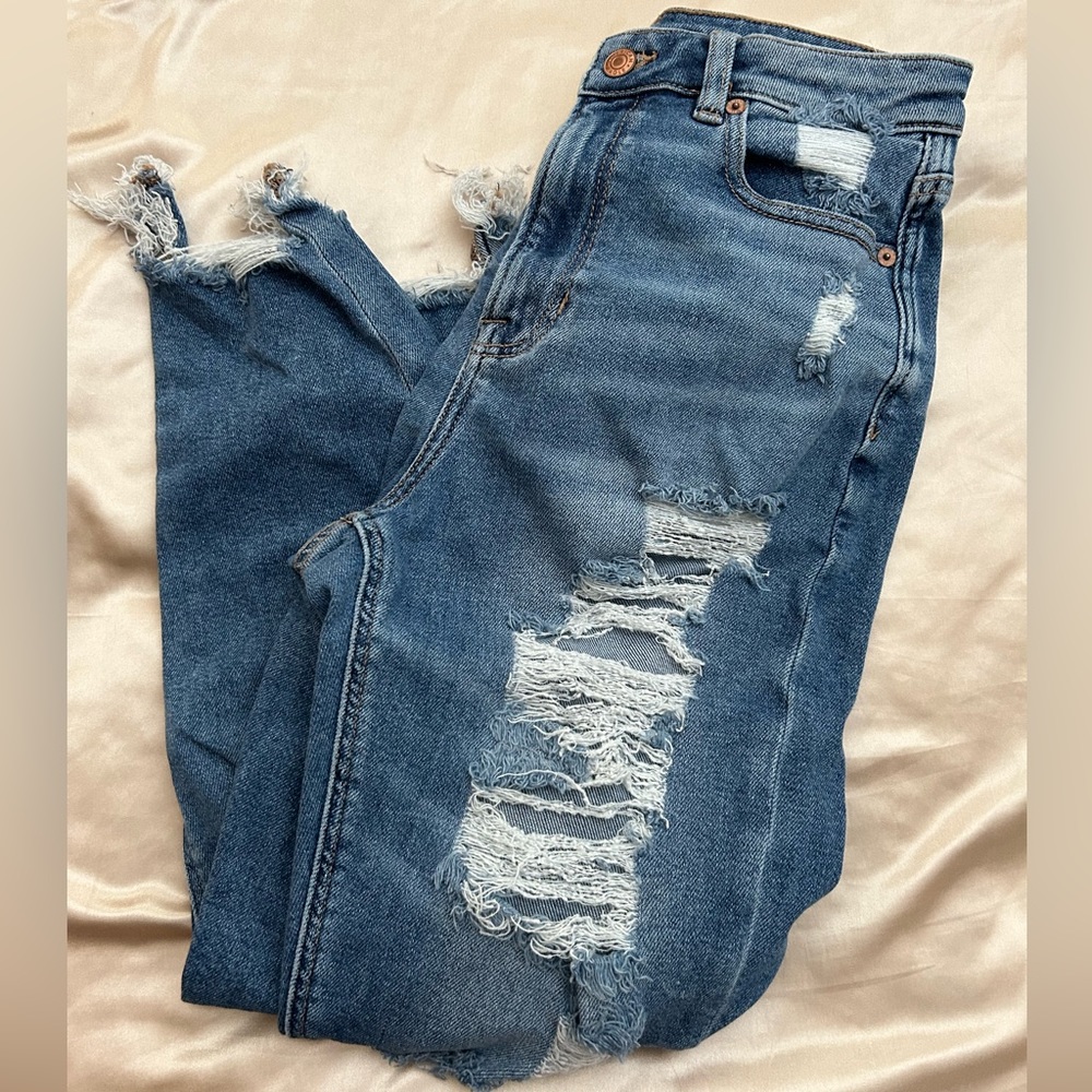 AE Dark Wash Ripped High Rise Mom Jeans